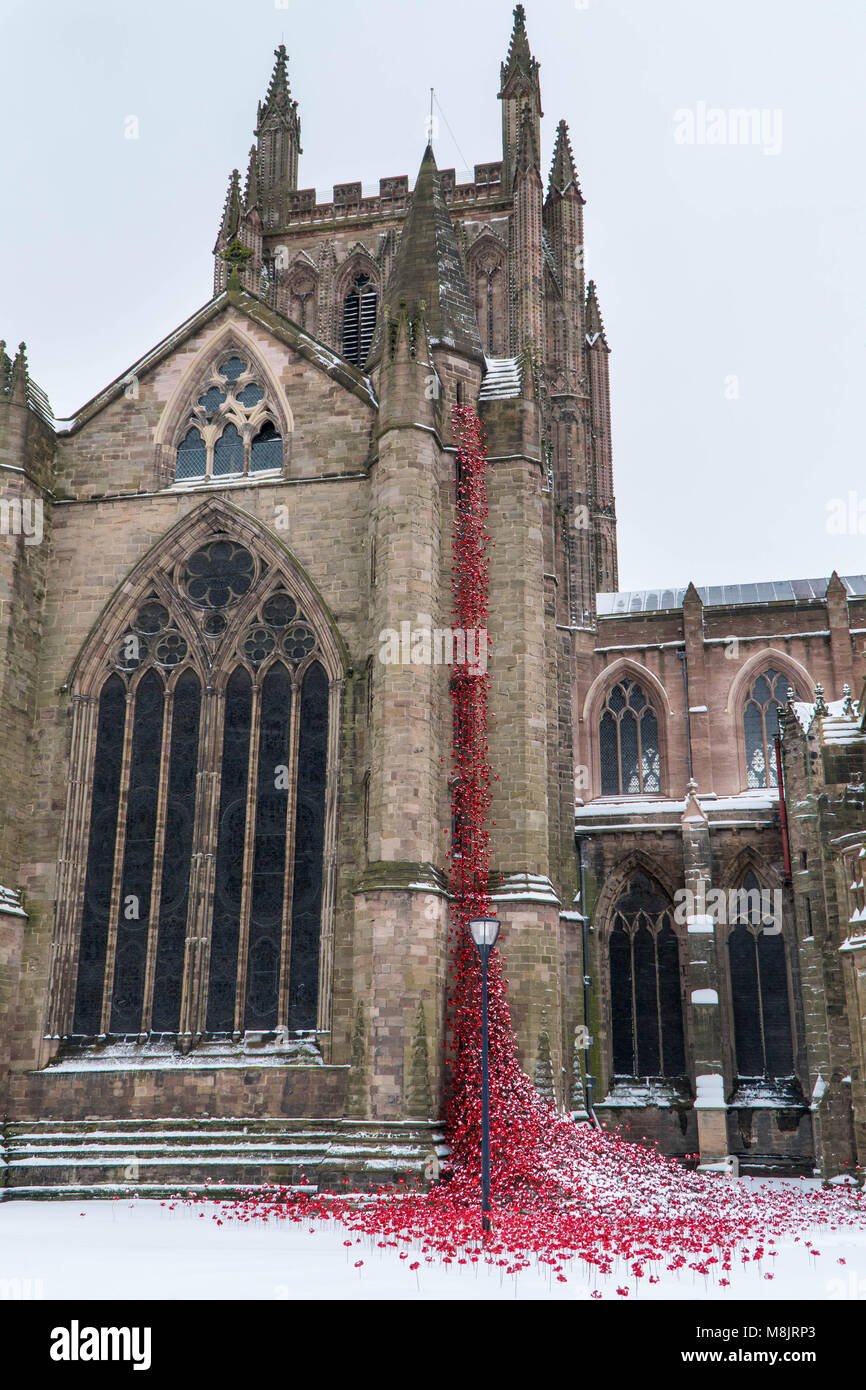 Schnee bedeckt Mohn. Weinende Fenster in der Kathedrale von Hereford, Großbritannien März 2018 Stockfoto