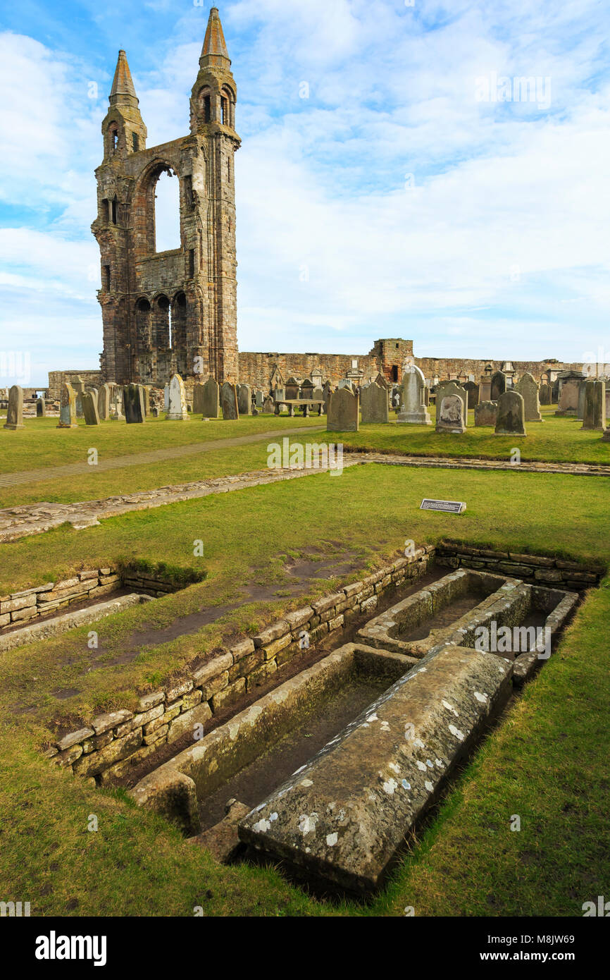 Vier mittelalterliche Gräber auf dem Gelände der Abtei von St Andrews, St Andrews, Fife, Schottland, Großbritannien Stockfoto