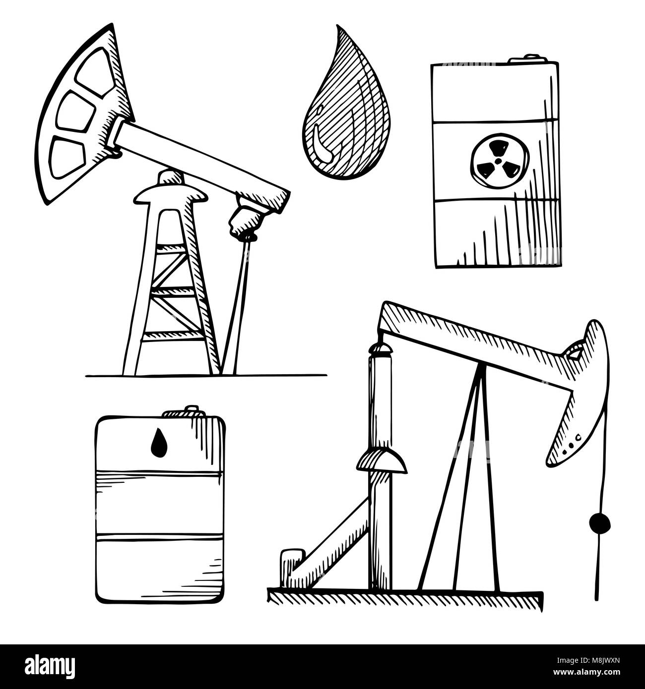 Industrielle Skizze Symbole. Industrielle Objekte auf weißem Hintergrund. Vector Illustration. Stock Vektor