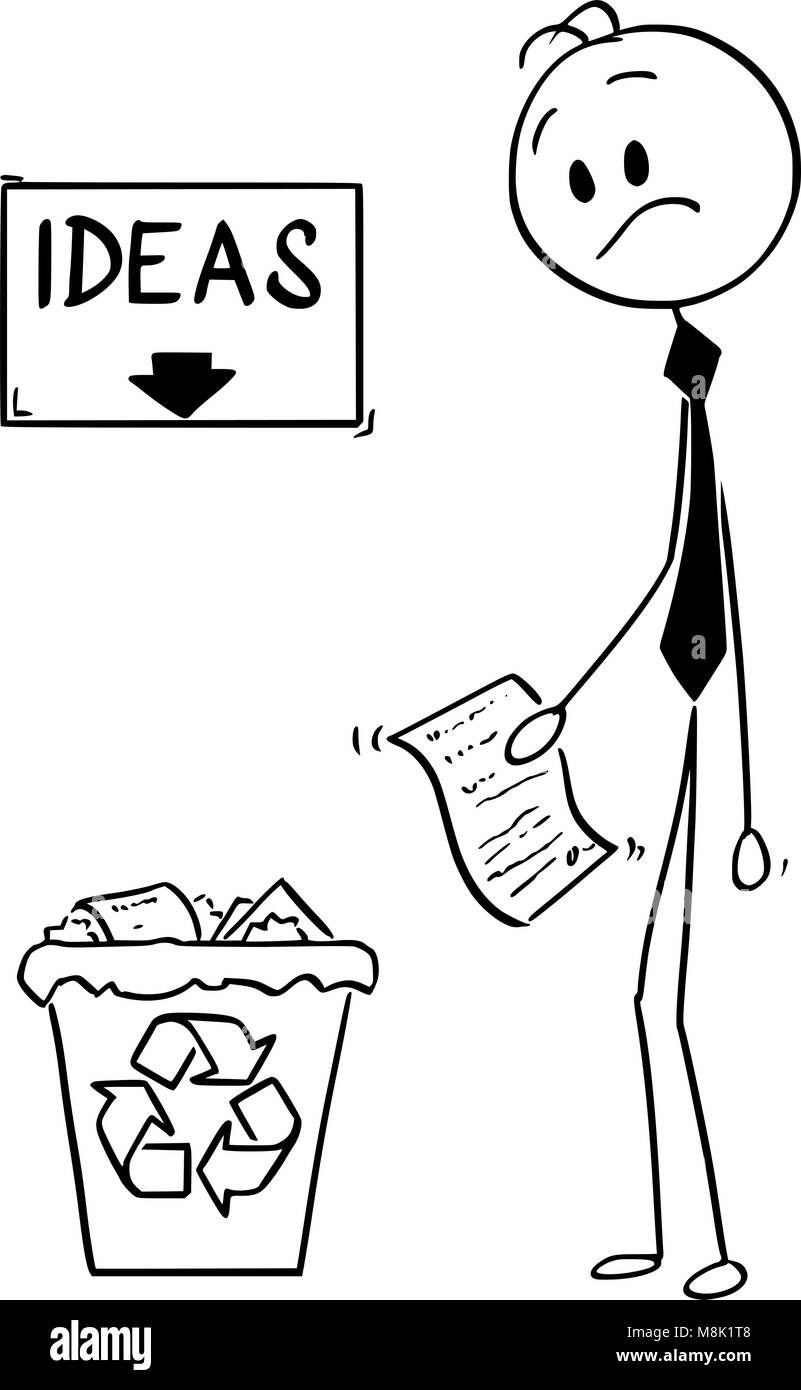 Cartoon von Geschäftsmann mit Idee oder Erfindung auf Papier auf der Suche nach Papierkorb mit Ideen unterzeichnen und Pfeil nach Oben Stock Vektor