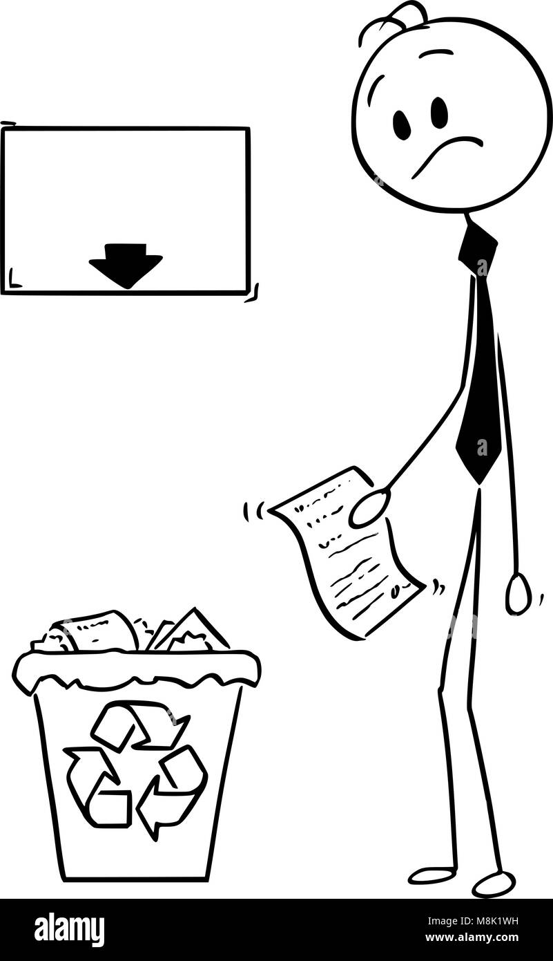 Cartoon von Geschäftsmann mit Idee oder Erfindung auf Papier auf der Suche nach Papierkorb mit leeren Zeichen Oben Stock Vektor