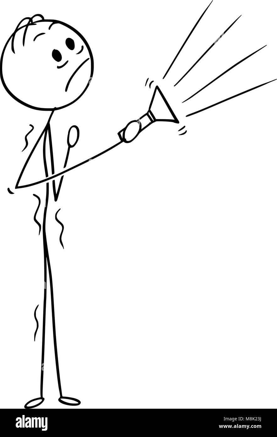 Cartoon von verängstigten Mann oder Geschäftsmann mit Fackel oder Taschenlampe Stock Vektor