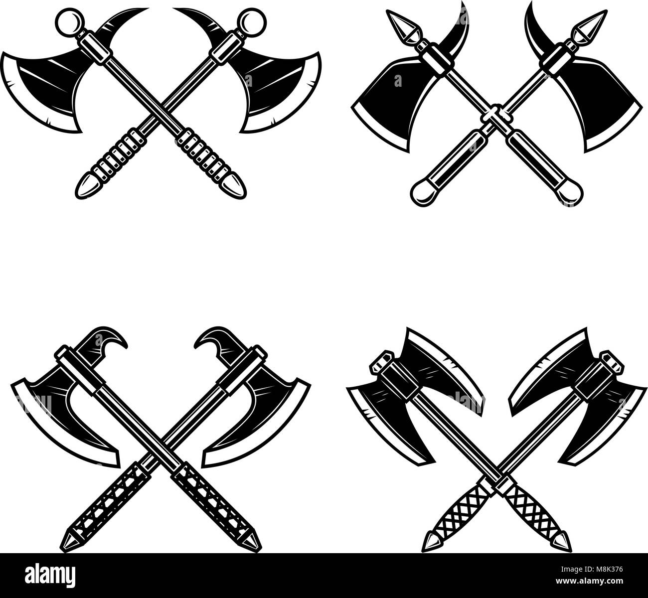 Einstellen der gekreuzten mittelalterlichen ax auf weißem Hintergrund. Design Element für Logo, Label, Emblem, sign. Vector Illustration Stock Vektor