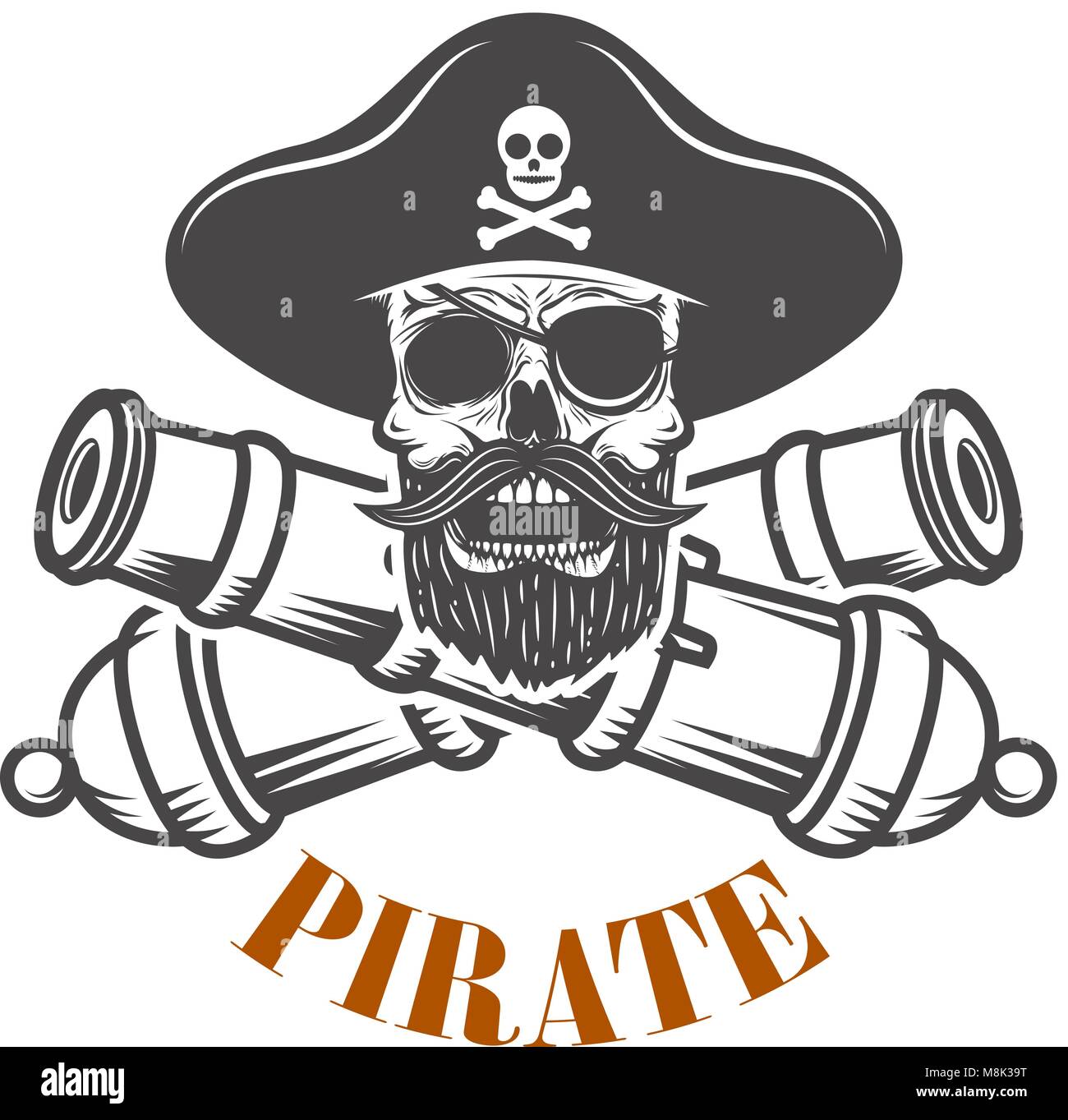 Piraten. Emblem Vorlage mit Kanonen und Pirat Totenkopf. Design Element für Logo, Label, Emblem, sign. Vector Illustration Stock Vektor