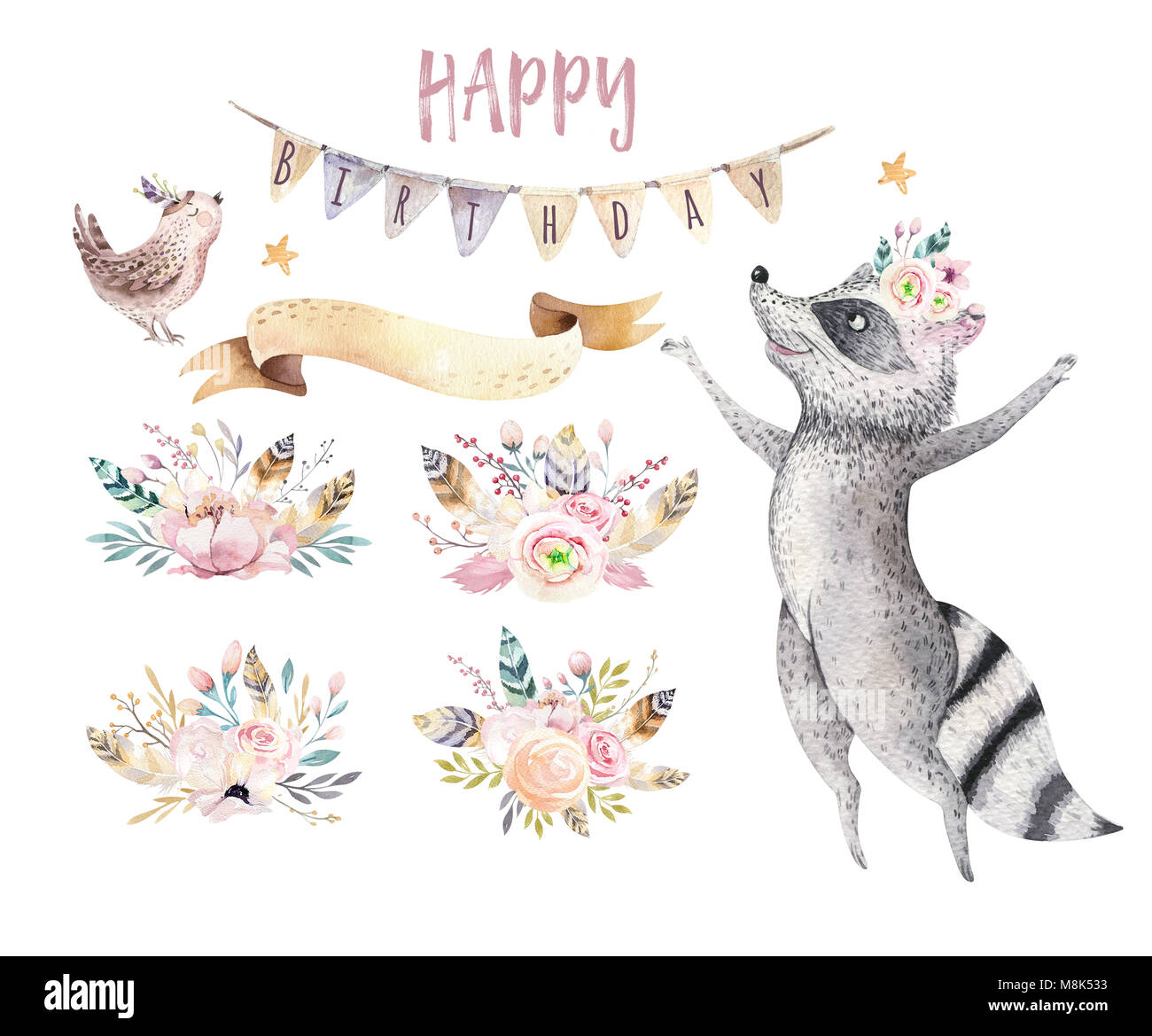 Springen Waschbär Tier Abbildung für Kinder Aquarell boho Wald cartoon Geburtstag patry Ballons Einladung Ideal für Kinderzimmer Poster niedlich, patte Stockfoto