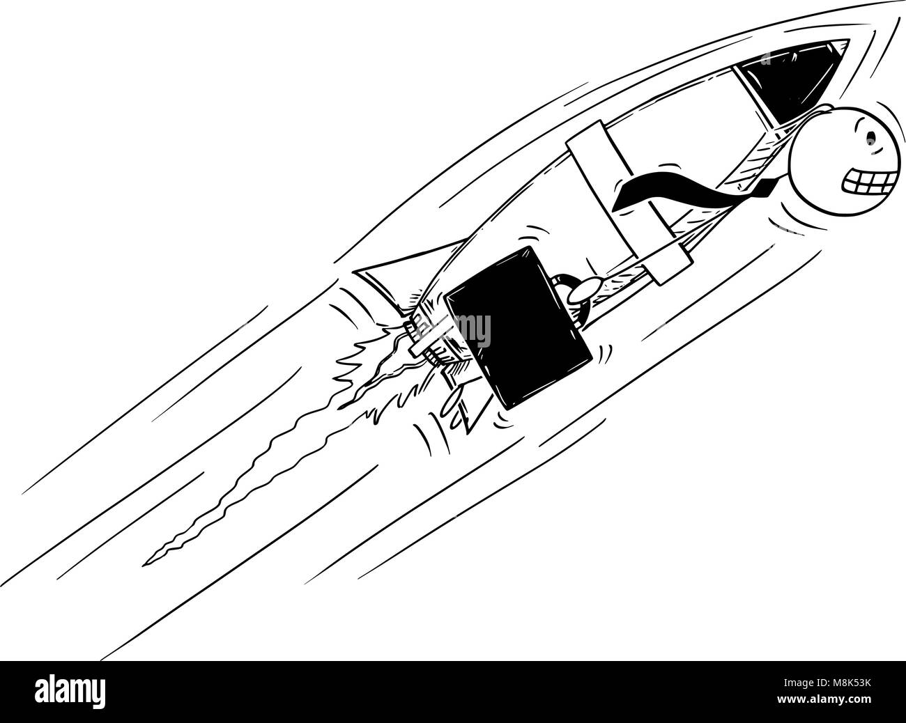 Cartoon von Geschäftsmann Fliegen Hoch und Schnell mit Rakete auf dem Rücken Stock Vektor