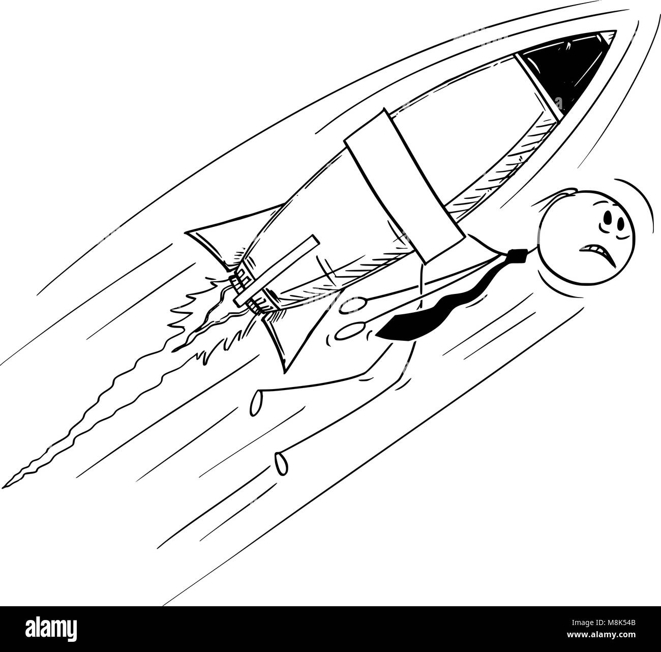 Cartoon von Geschäftsmann Fliegen zu Hoch und Schnell mit Rakete auf dem Rücken Stock Vektor