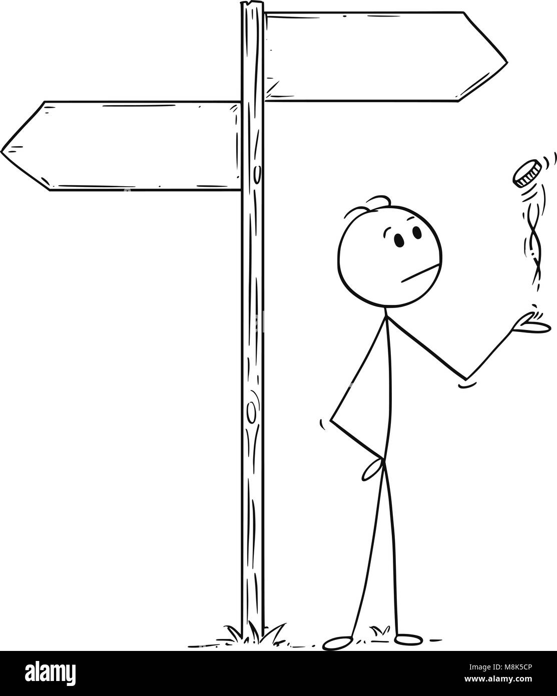 Cartoon von Mann oder Unternehmer die Entscheidung des Werfens einer Münze unter Leere Pfeile Stock Vektor