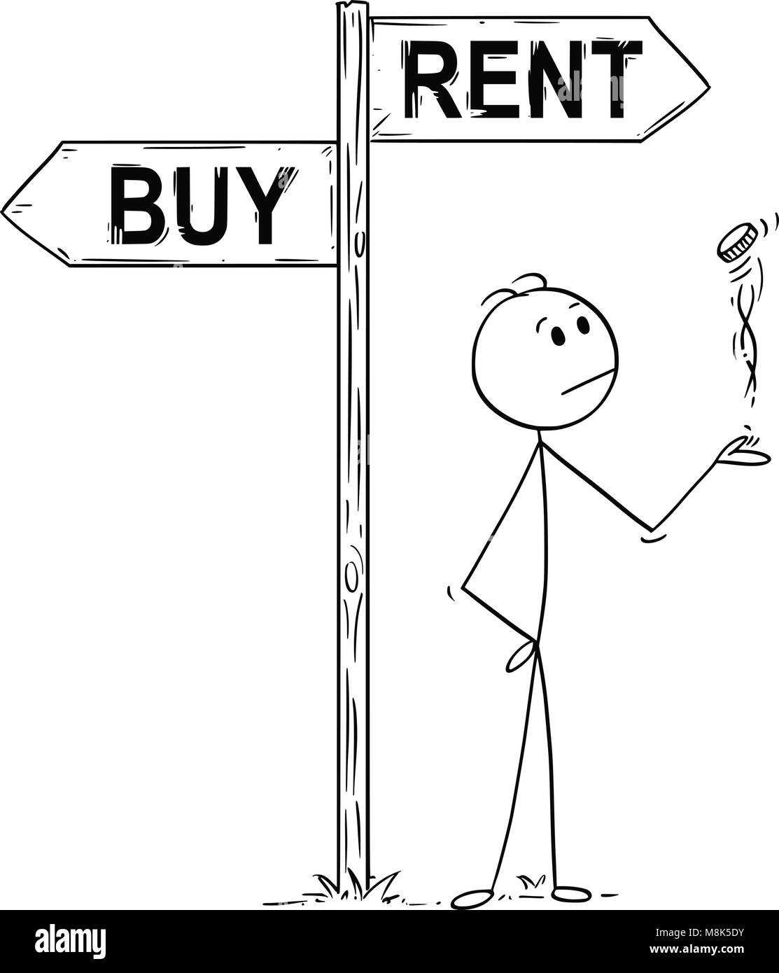 Cartoon von Mann oder Unternehmer die Entscheidung des Werfens einer Münze unter Kaufen oder Mieten, Pfeile Stock Vektor