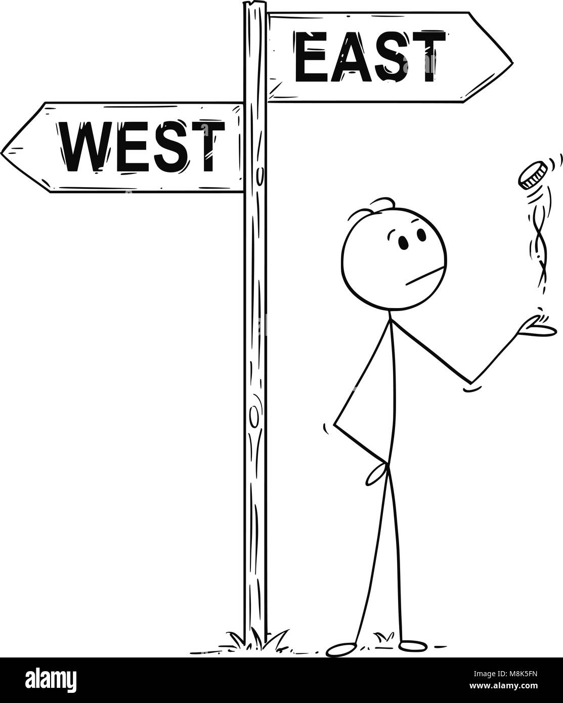 Cartoon des Menschen, Politiker oder Unternehmer die Entscheidung des Werfens einer Münze, im Westen oder Osten Pfeile Stock Vektor