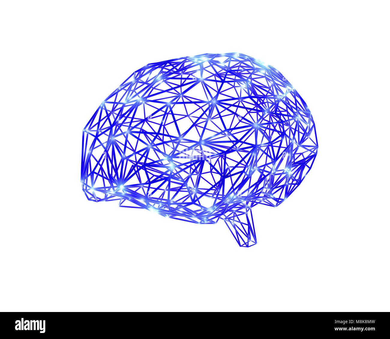 Polygonale Gehirn Form einer künstlichen Intelligenz mit Linien und leuchtenden Punkte und Schatten über den dunklen Hintergrund weiß. 3D-Rendering. Stockfoto