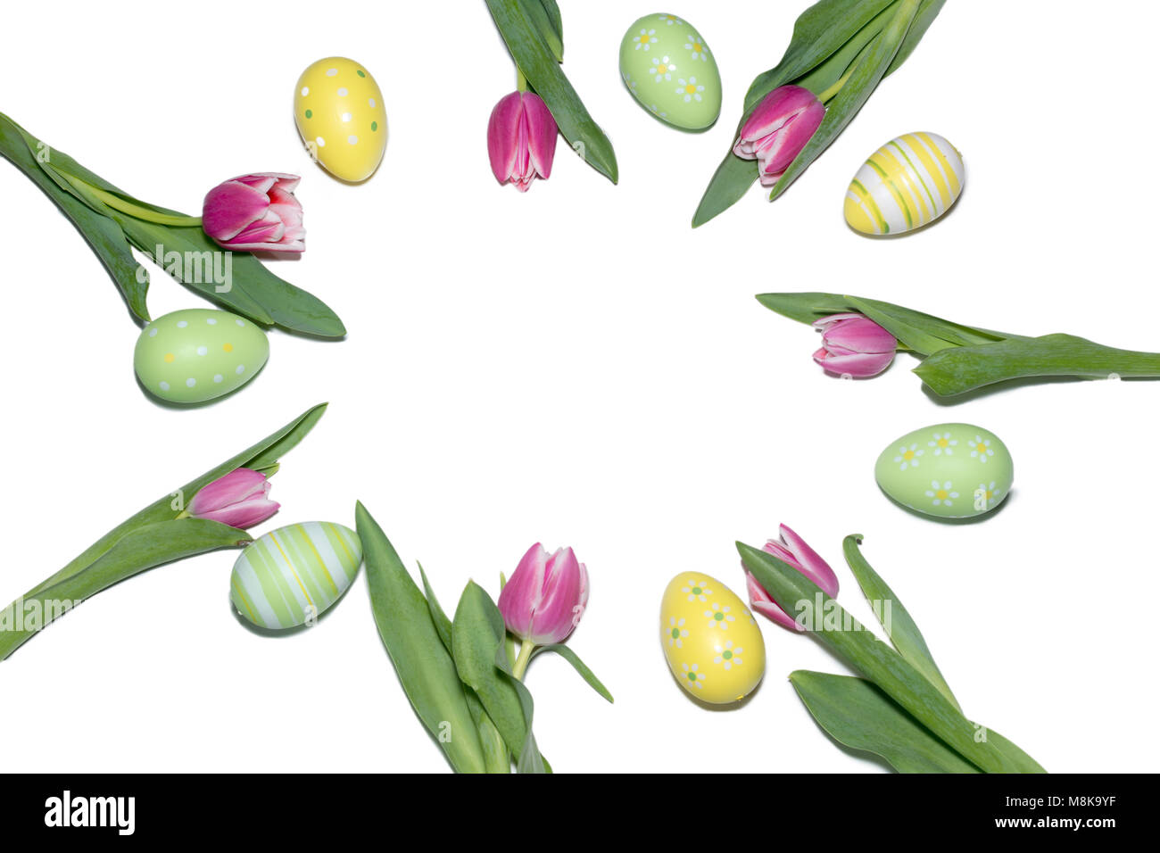 Liliac Farbe Tulpen und Ostereier im Kreis auf weißem Hintergrund Ostern Zeit angeordnet Stockfoto