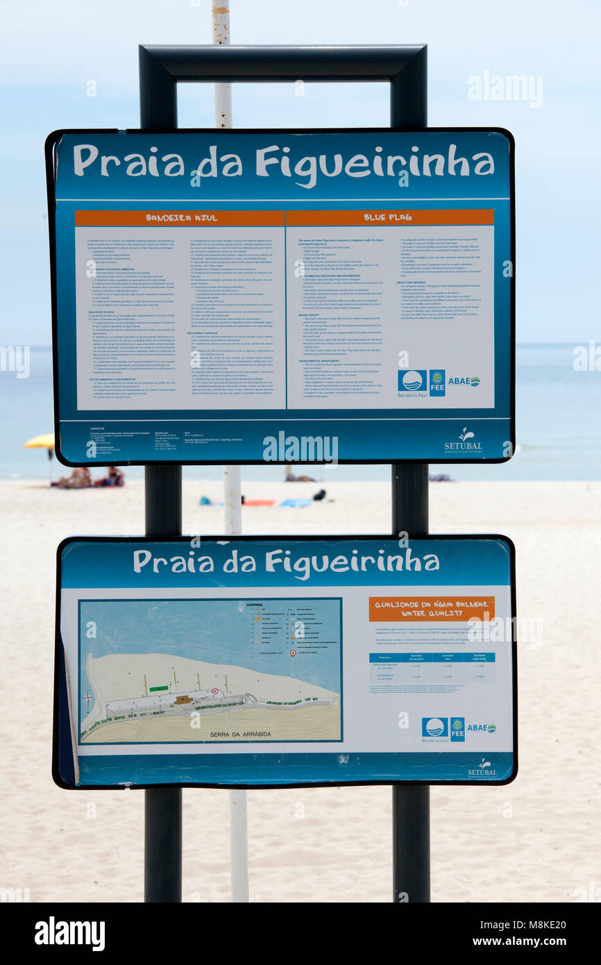 Touristeninformation Schild an Praia da Figueirinha, Sesimbra, Setubal, Portugal. Stockfoto
