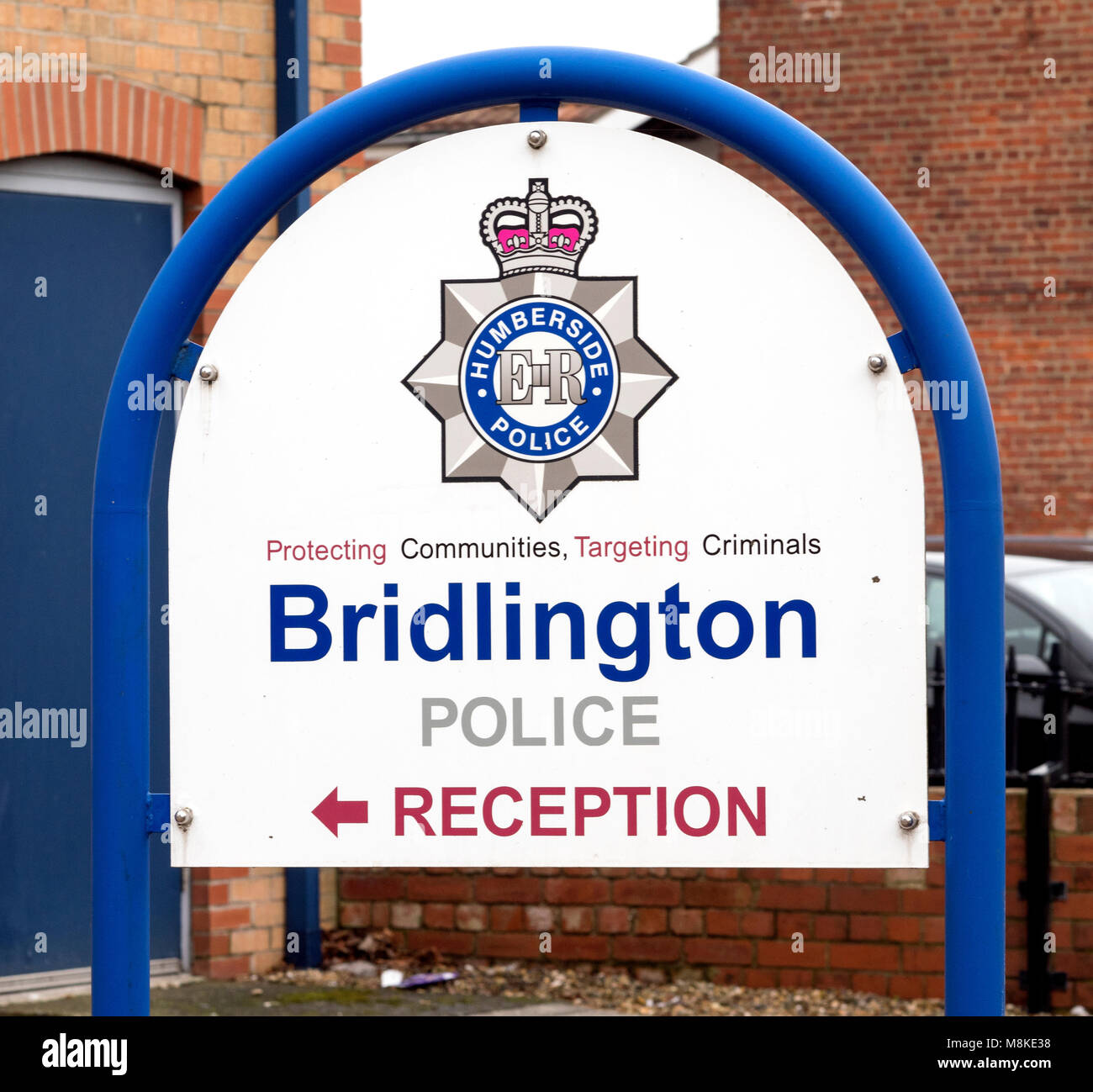 Station Zeichen außerhalb Bridlington Polizeistation, Bridlington, Yorkshire, England, Großbritannien Stockfoto