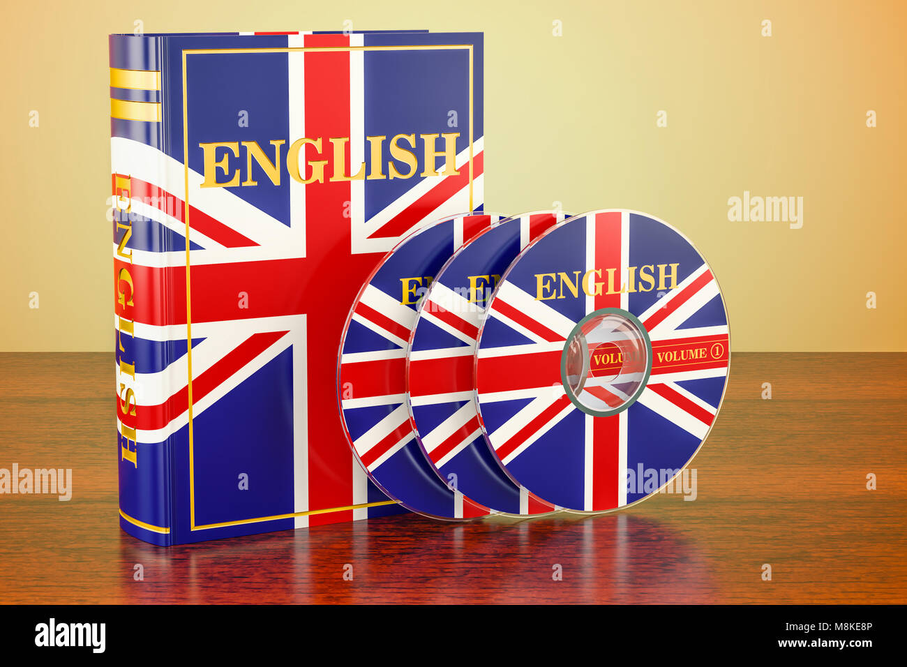 Englisch Buch mit Flagge von Großbritannien und Cds auf dem Holztisch. 3D-Rendering Stockfoto