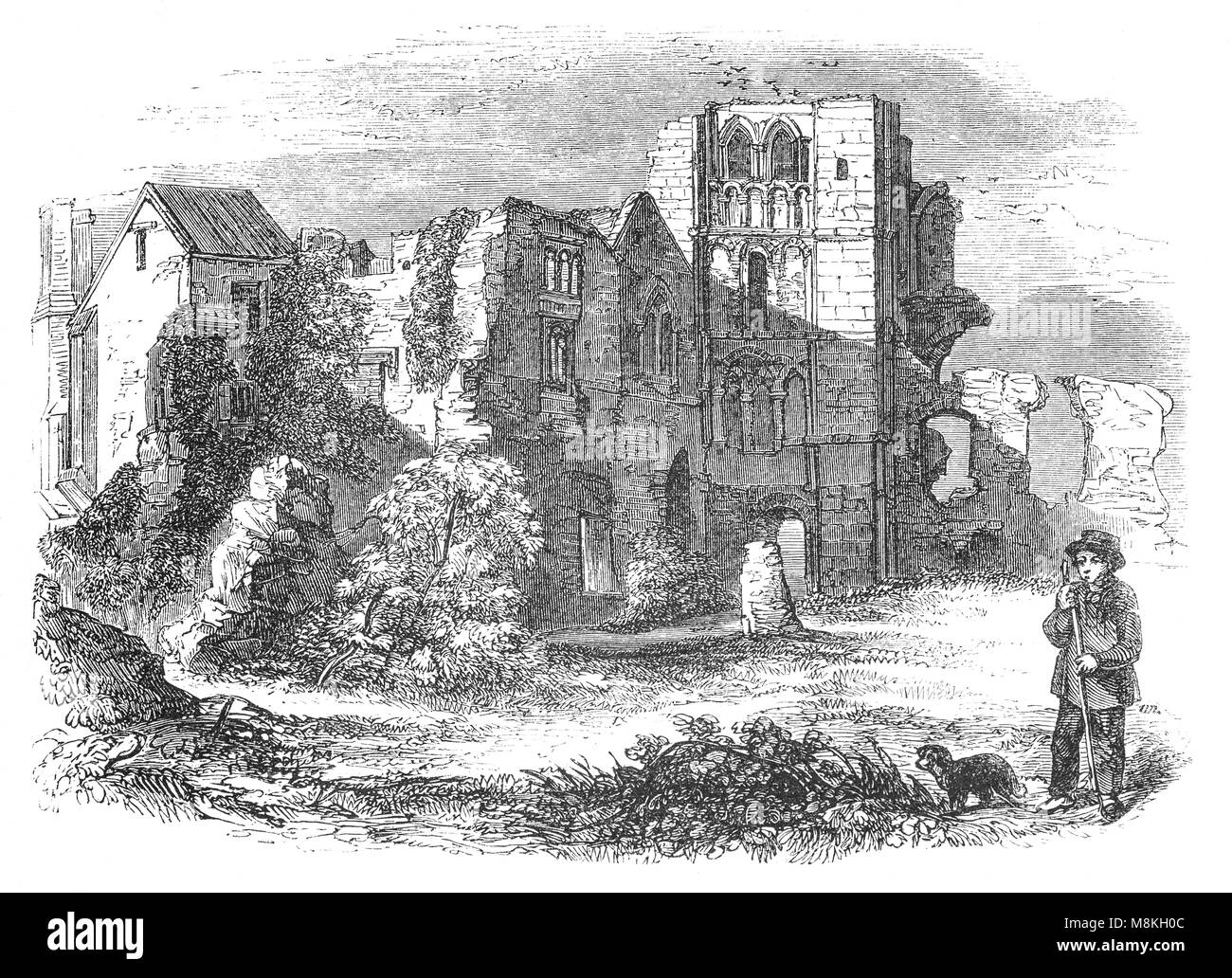 Schäfer und Schäferhund in der Nähe von Castle Acre Priory im Dorf Castle Acre, Norfolk, England. Nach St. Maria, St. Petrus und St. Paulus gewidmet, es ist gedacht, in 1089 gegründet wurde. Wie andere Cluniac Häuser, es war Gegenstand der Behörde der Abt von Cluny; aus praktischen Gründen jedoch, der Prior von Lewes war in der Regel die Anweisung für den Abt zu handeln, wenn irgendwelche Probleme entstanden. Aber diese Schwierigkeiten verursacht, wenn die Könige von England gegen Frankreich waren, also im 14. Jahrhundert der Englische Cluniacs abgerechnet diese Schwierigkeit durch den Kauf eines besonderen rechtlichen Anerkennung vom König als "na Stockfoto