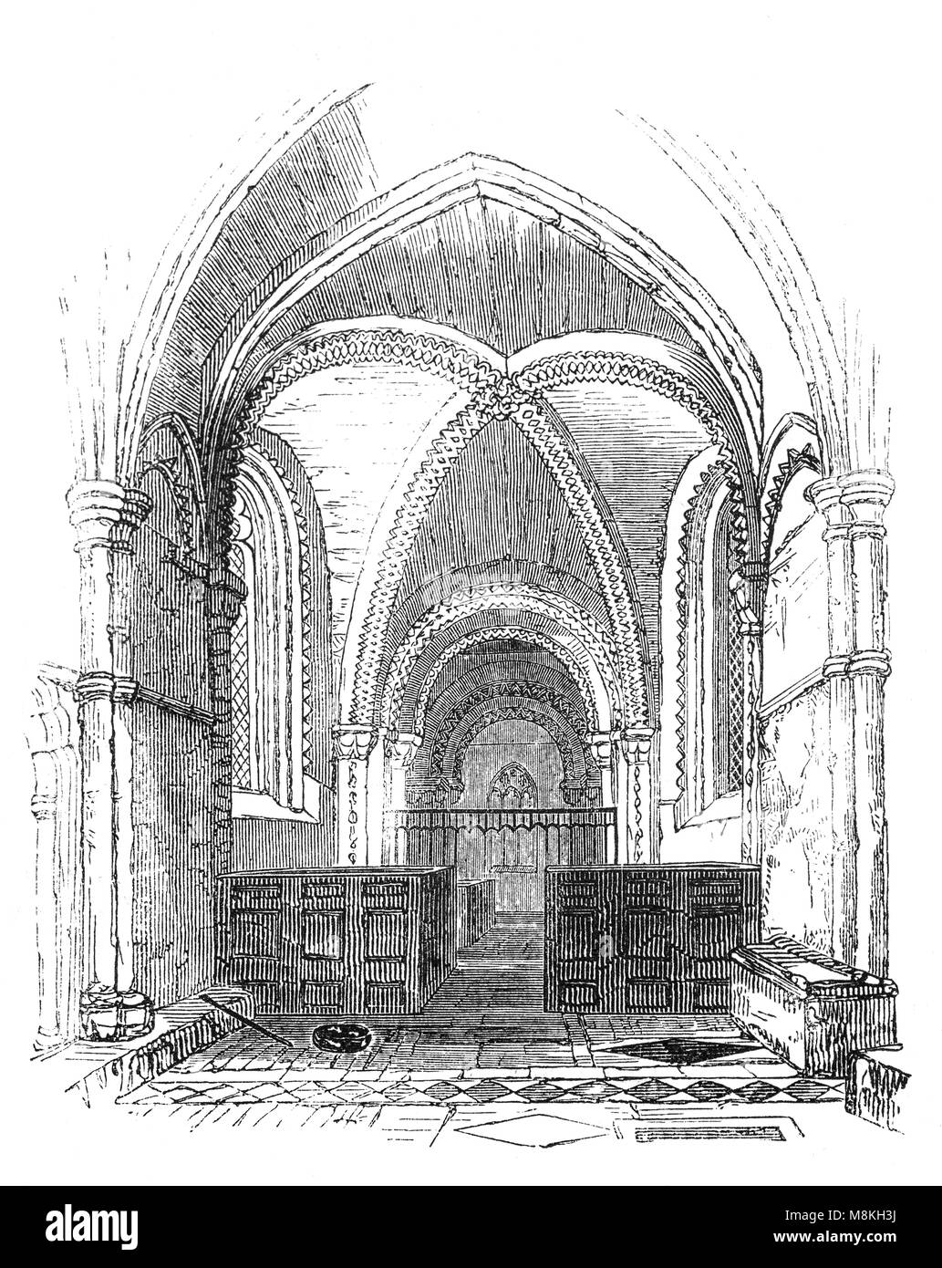 Die normannische Kirche St. Maria, der Jungfrau, Iffley ist eine Kirche von England Pfarrkirche im Dorf Abingdon, Oxfordshire, England, jetzt aufgegangen wie ein Vorort der Stadt Oxford. Die romanische Kirche wurde erbaut C.1160 von St Remy Familie, wahrscheinlich mit Mitteln aus dem de Clintons von Kenilworth Castle finanziert. Das Gebäude hat nicht zu viel wurde im Laufe der Jahrhunderte geändert, wobei die Rundbogige Fenster und Türen Stockfoto