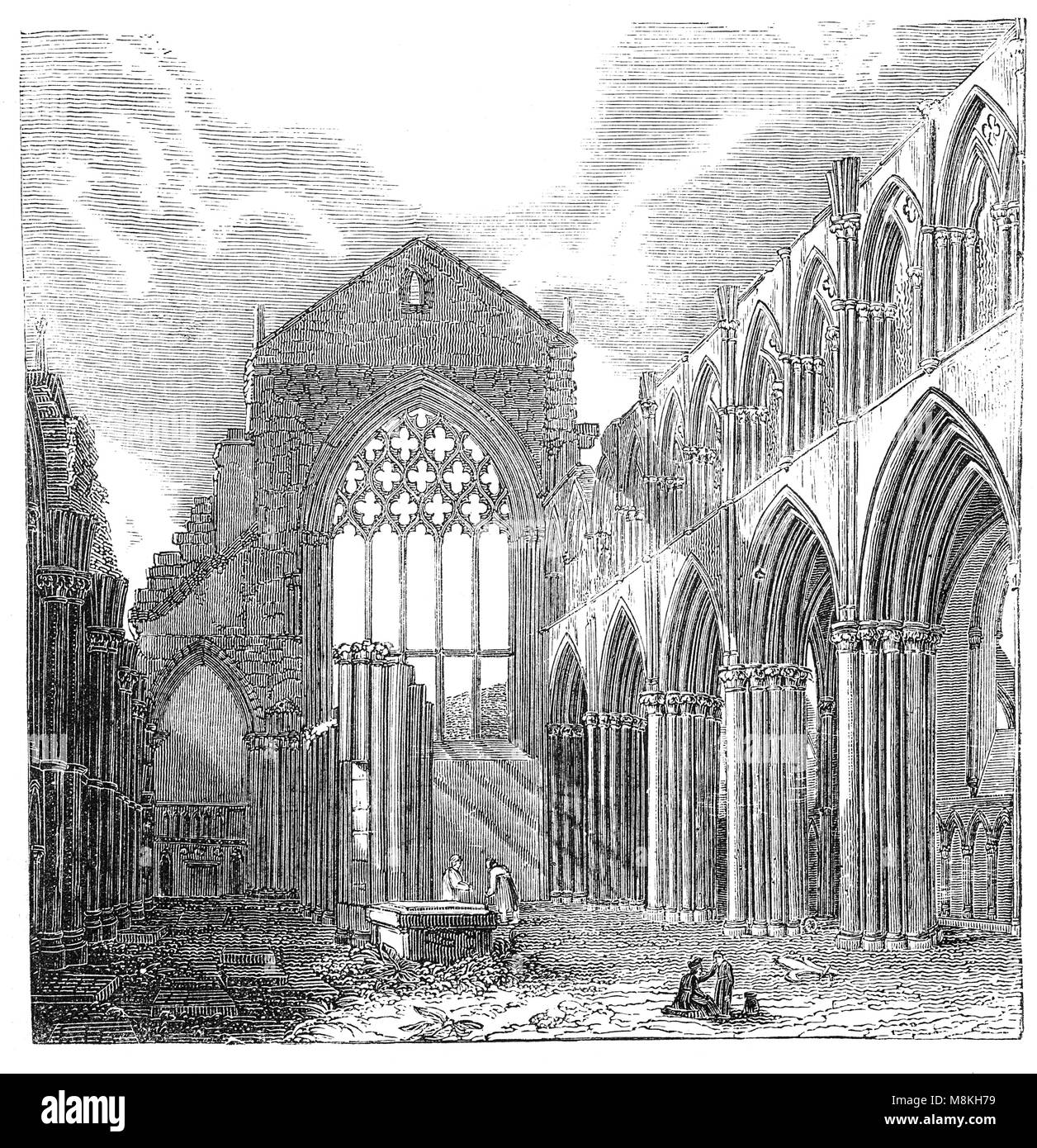 Holyrood Abbey ist eine zerstörte Abtei von den Chorherren in Edinburgh, Schottland. In 1128 wurde von König David I. Im 15. Jahrhundert gegründet, die Abtei Pension wurde in eine königliche Residenz entwickelt und nach dem schottischen Reformation der Palast von Holyroodhouse wurde weiter ausgebaut. Die Abteikirche wurde als Pfarrkirche bis zum 17. Jahrhundert verwendet, und hat seit dem 18. Jahrhundert ruiniert. Stockfoto