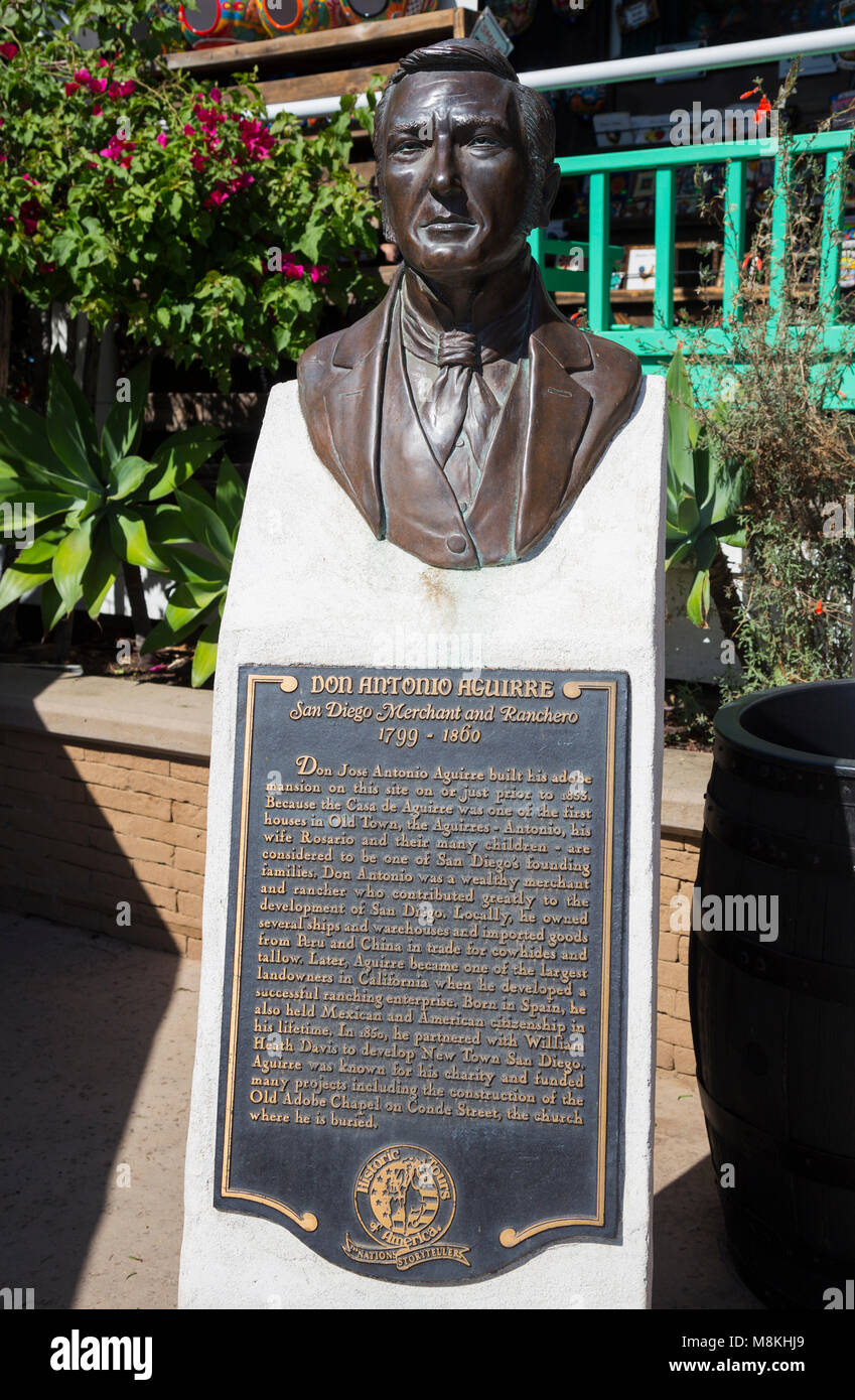 Büste von Don Antonio Aguirre, Old Town San Diego, Kalifornien, USA Stockfoto