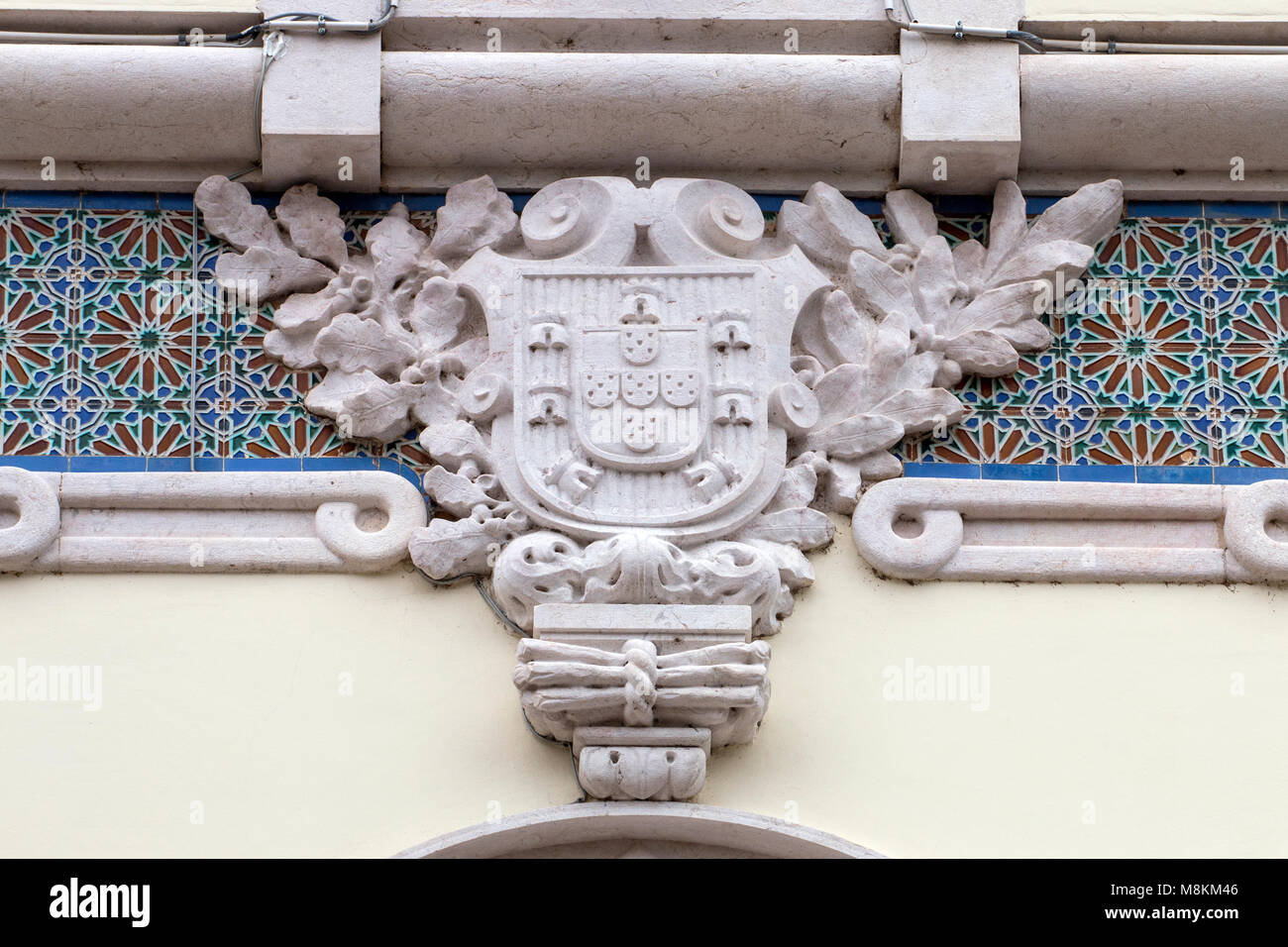 FARO, PORTUGAL: 4 März, 2018 - Schöne Details der Bank von Portugal Gebäude in der Stadt Faro entfernt, Garten Manuel Bivar. Stockfoto