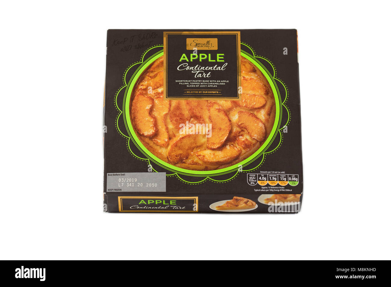 Boxed Continental Apfelkuchen auf weißem Hintergrund Stockfoto