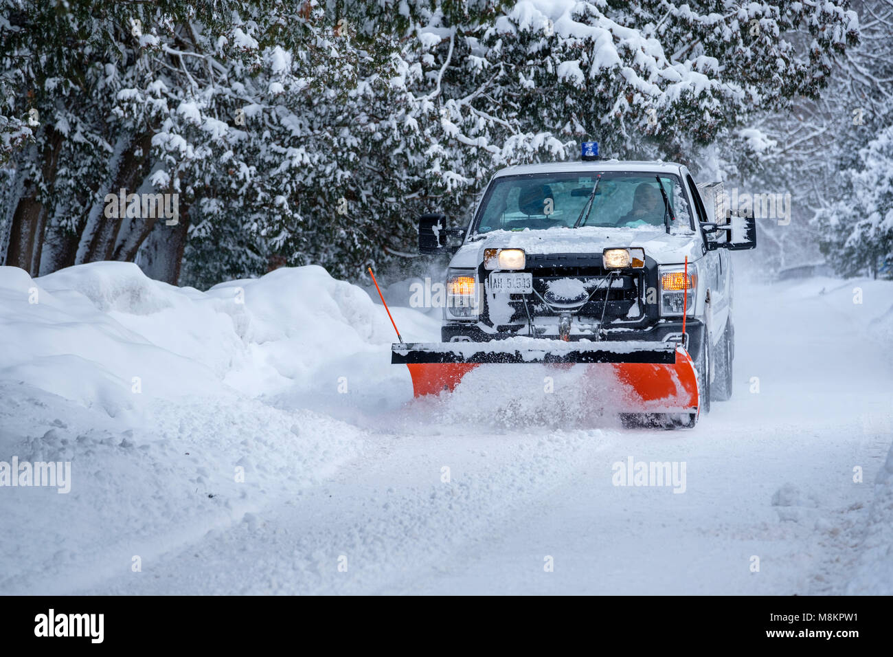 Schneepflug Pick-up Truck in Bewegung Clearing eine kommunale Straße, Straße, nach starker Schneefall bei Springbank Park, London, Ontario, Kanada. Stockfoto