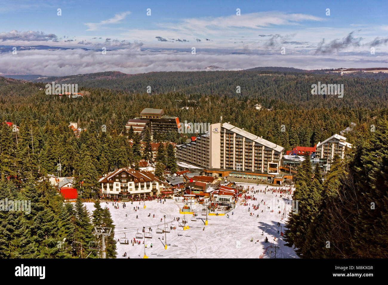 Hotel Ice Angels und Rila Hotel in Borovets Ski Resort, Targovishte, Bulgarien. Stockfoto