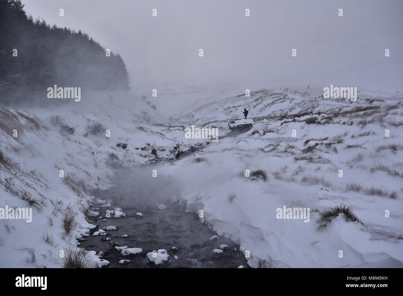 Geschichte Waffen, Powys A470, Wales, UK. 18. März 2018. Die 'mini Tier aus dem Osten' Schnee und starkem Wind über Nacht nach Wales gebracht hat und ins Heute. Ein Walker macht sich auf den Weg nach unten zu Pont ar Daf neben der A470 (befahrbar mit Pflege). Nur die robuststen Seelen sind auf den Bergen heute. Die Bedingungen können nur als Blizzard beschrieben werden, Temperatur minus 4 C und mit Windchill Es fühlt sich an wie minus 20. Foto: IAN HOMER/Alamy leben Nachrichten Stockfoto