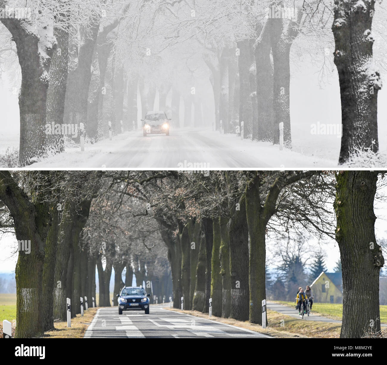 11 März 2018, Deutschland, Petersdorf: COMPOSITE: das zusammengesetzte Bild zeigt eine Landstraße in eine winterliche Landschaft in Eis und Schnee am 7. März 2018 (oben) und das gleiche Land Straße an einem sonnigen Tag im Frühjahr am 11. März 2018 (unten). Erst vor wenigen Tagen winterliche Witterung hatte einen festen Halt in Teilen von Berlin und Brandenburg. Aber Frühling Temperaturen zurückgekehrt sind, auf rund 15 Grad Celsius. Foto: Patrick Pleul/dpa-Zentralbild/dpa Stockfoto