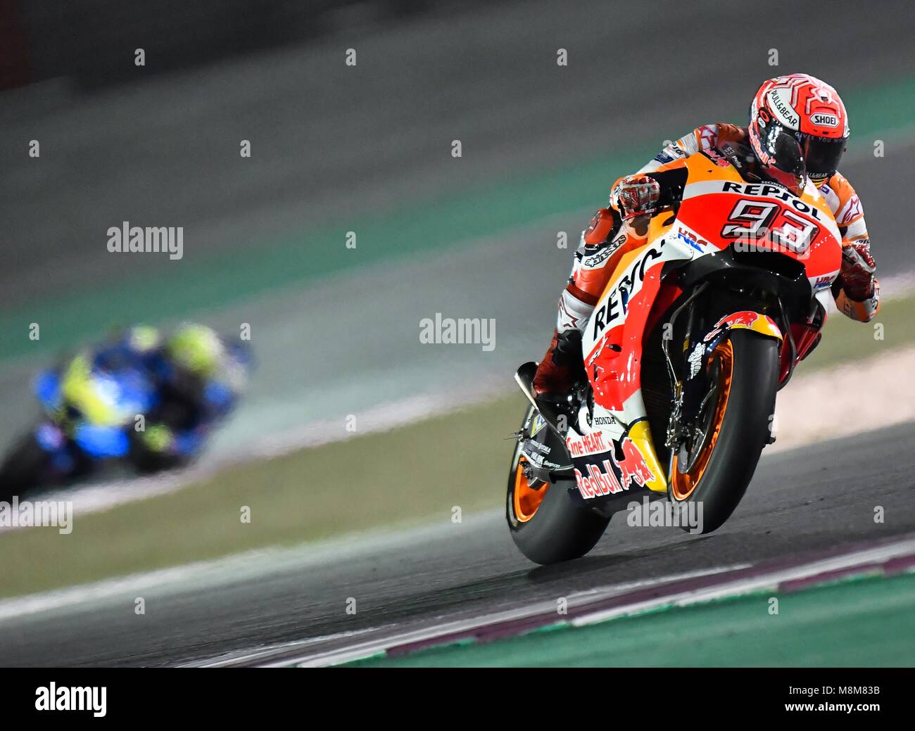 Doha, Katar. 18 Mär, 2018. Spanische MotoGP-Fahrer Marc Marquez von Repsol Honda Team in der MotoGP Grand Prix 2018 von Katar auf dem Losail International Circuit in Doha, der Hauptstadt von Katar, am 18. März 2018. Marc Marquez den zweiten Platz mit 42 Minuten und 34.681 Sekunden. Credit: Nikku/Xinhua/Alamy leben Nachrichten Stockfoto