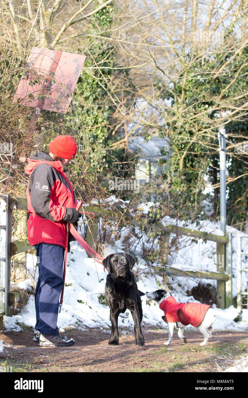 Kidderminster, Großbritannien. 19. März, 2018. UK: Wetter mit Temperaturen knapp über dem Gefrierpunkt und Schnee noch auf dem Boden in Worcestershire, diese Wanderer zeigen Ihre farblich abgestimmten roten Jacken, als sie nach Hause von einem sonnigen Morgen zu Fuß zurück. Quelle: Lee Hudson/Alamy leben Nachrichten Stockfoto