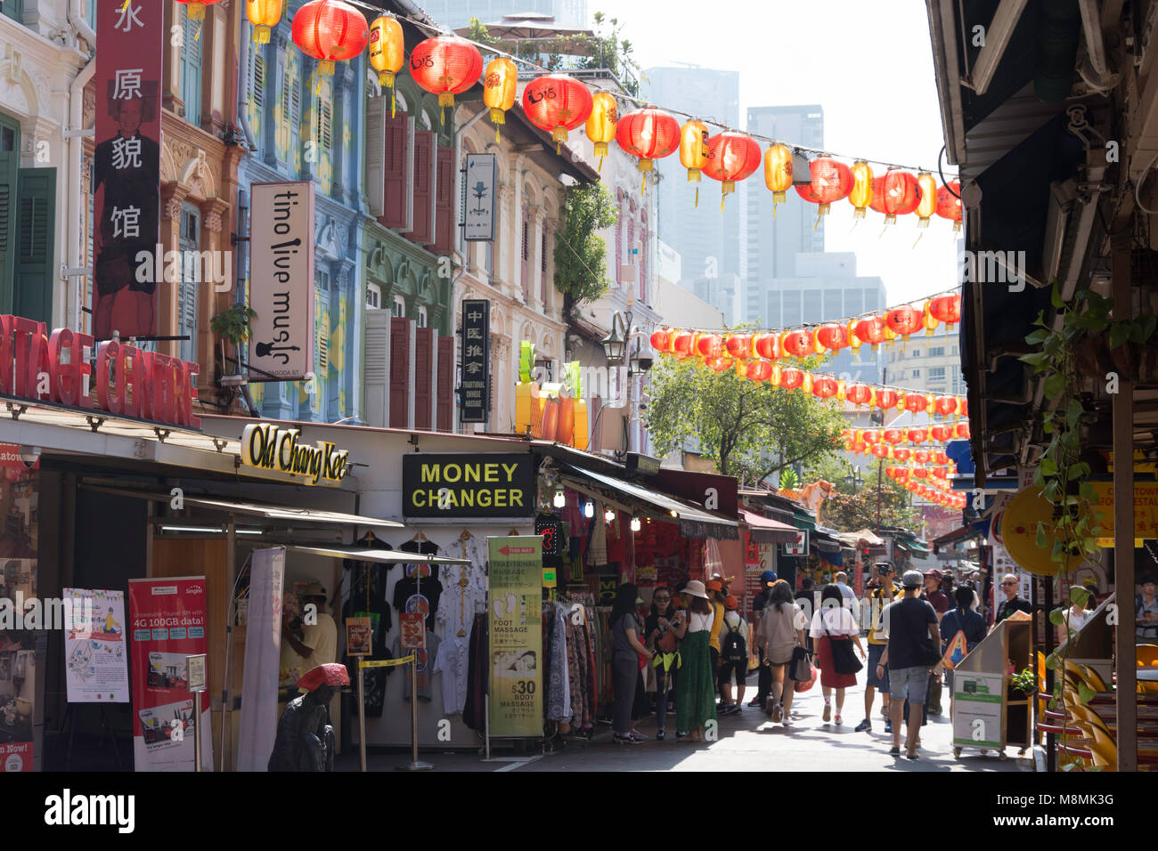 Geschäfte und Restaurants auf Pagoda Street, Chinatown, Outram District, Central Area, Singapur Insel (Pulau Ujong), Singapur Stockfoto