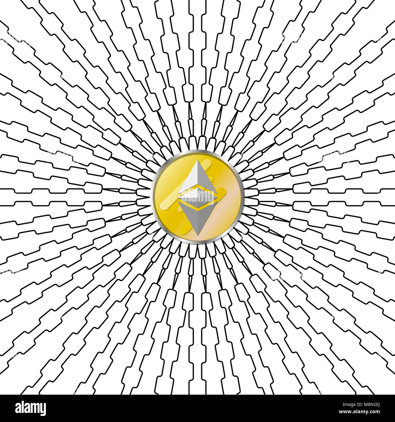 Blockchain Abbildung auf weißem Hintergrund mit astraleums Münze in der Mitte und. Des astraleums Symbol. Trendy vector Hintergrund. Stockfoto