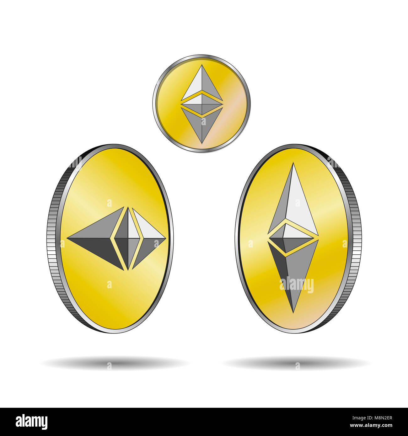 Des Astraleums goldenen Münzen. Cryptocurrency Vector Illustration. 3D-isometrische physische Münzen. Äther Münzen auf Weiß isoliert. Stockfoto