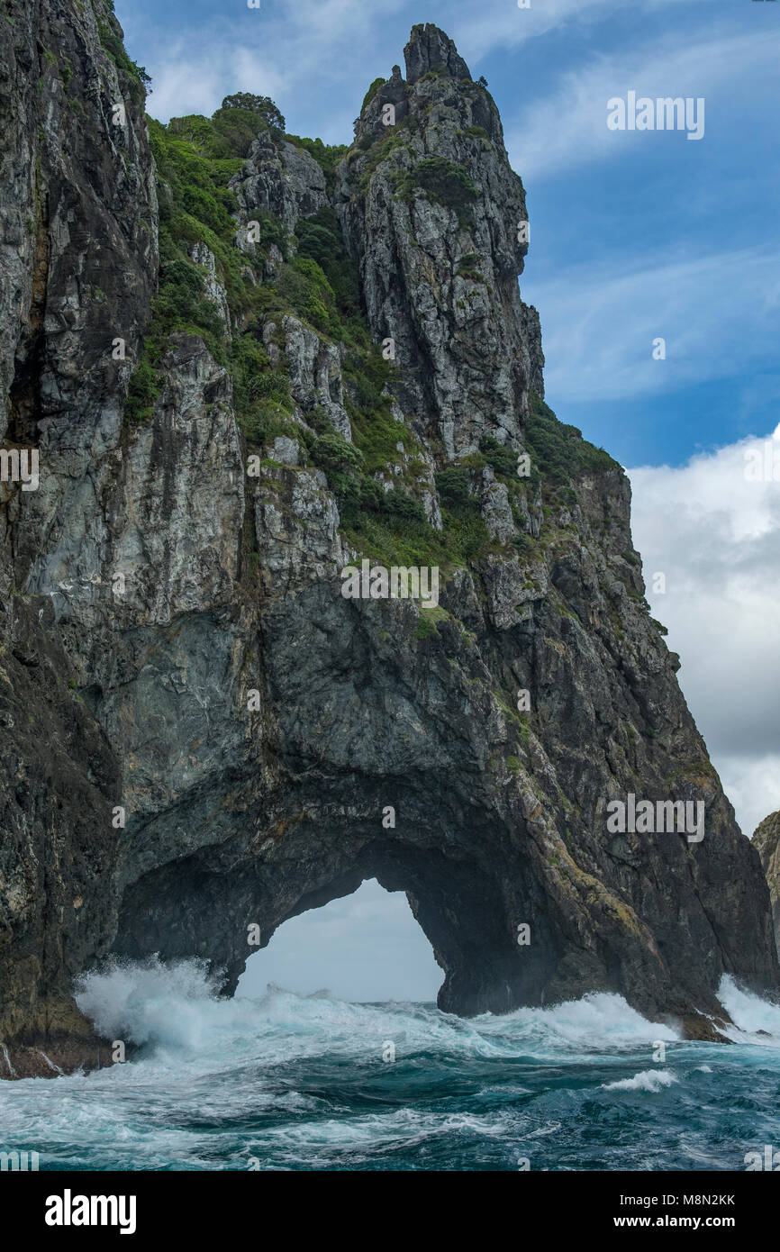 Loch im Felsen, Piercy, Insel, Bucht der Inseln, North Island, Neuseeland Stockfoto