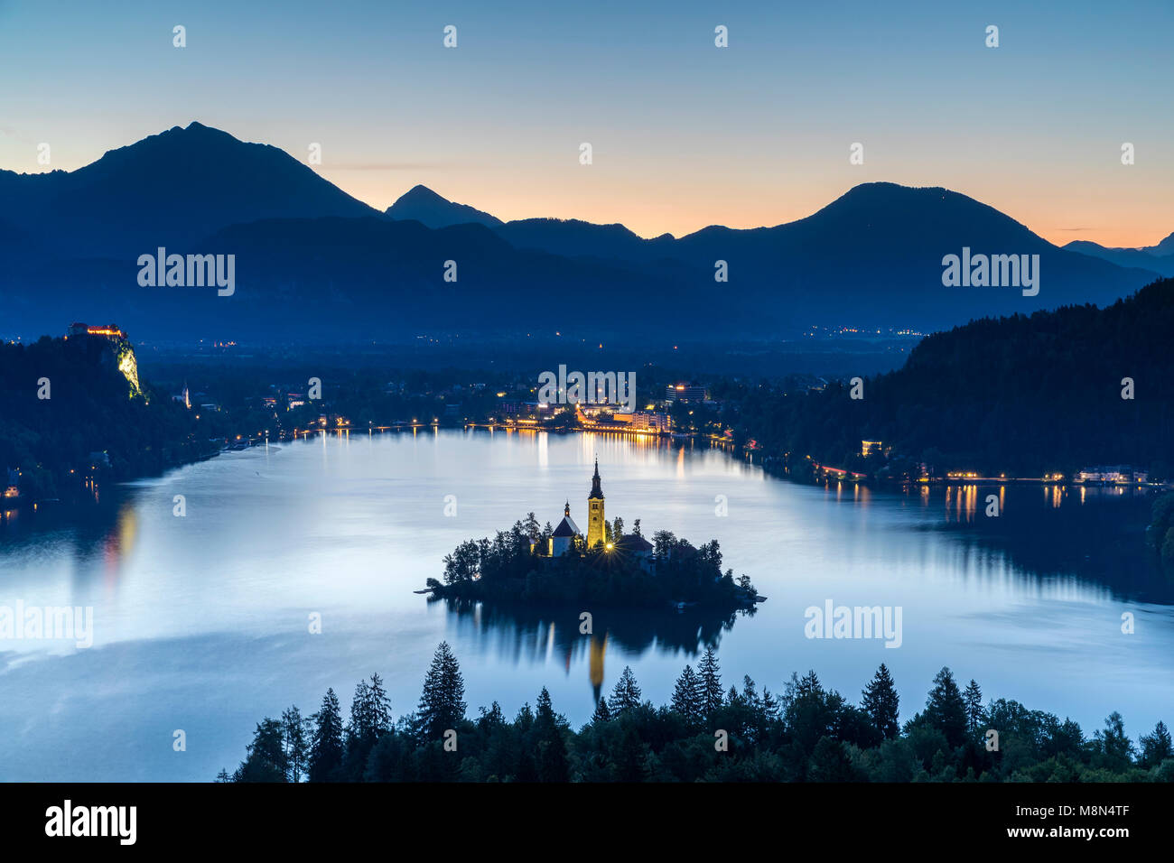 Der See von Bled aus Ojstrica, Obere Krain, Slowenien, Europa Stockfoto