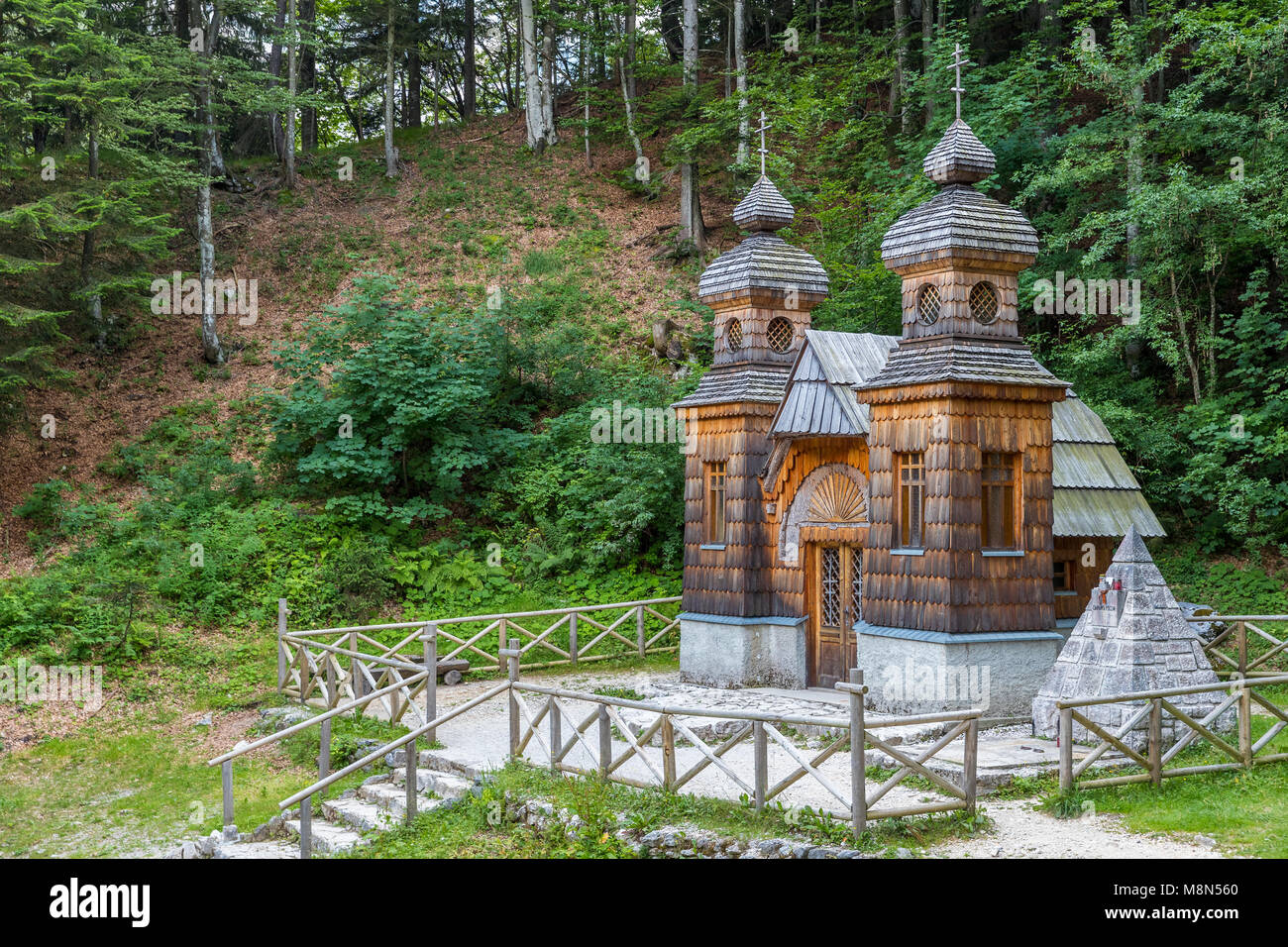 Russische Kapelle auf dem Pass Vršič, Kranjska Gora, Obere Krain, Slowenien, Europa Stockfoto
