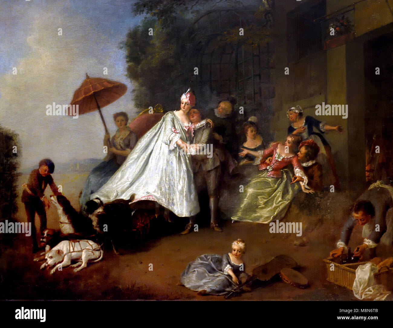 Ankunft der Dame im Auto durch Hunde aus dem 18. Jahrhundert Nicolas Lancret 1690 - 1743 Frankreich, Französisch, Stockfoto