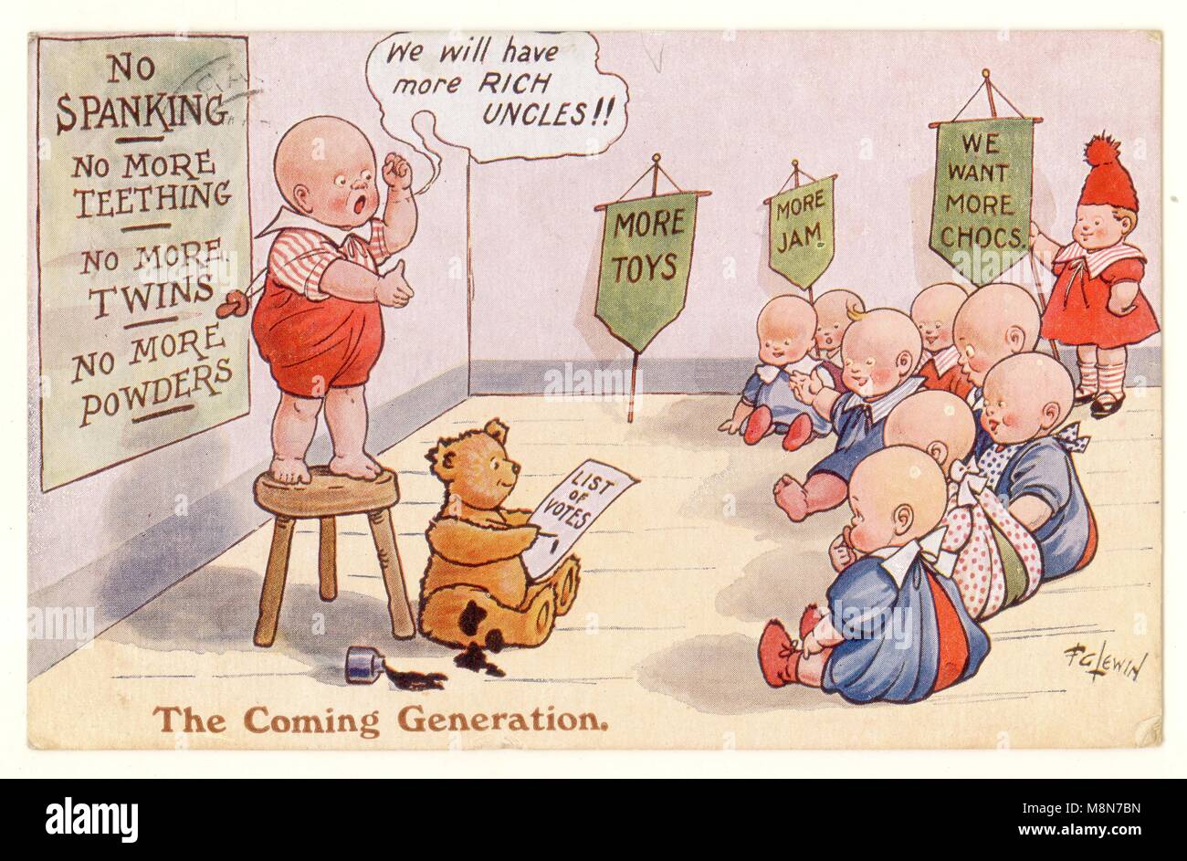 1920er Jahre Comic-Postkarte - die kommende Generation - über verwöhnte Kinder mit der Abstimmung, scheint ein Kommentar zum Wahlrecht zu sein - Stempel auf der Rückseite der Postkarte datiert dies auf möglicherweise zwischen 1924 und 1926. Die Darstellung des Volkes Act von 1928 – gab das gleiche Wahlrecht für Frauen und Männer, Mit Abstimmung möglich bei 21 ohne Eigentumsbeschränkungen, Großbritannien Stockfoto