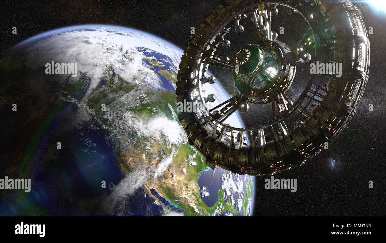 Futuristische Raumstation in der Umlaufbahn des Planeten Erde (3d-science fiction Illustration, Elemente dieses Bild von der NASA eingerichtet sind). Stockfoto