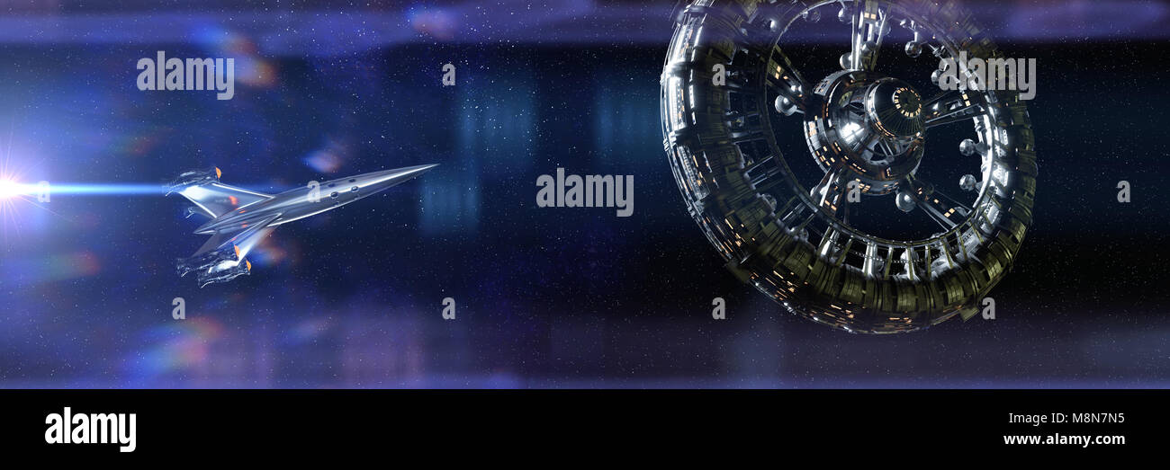 Rocket nähert sich riesige Raumstation in Deep Space (3d-science fiction Illustration Banner) Stockfoto