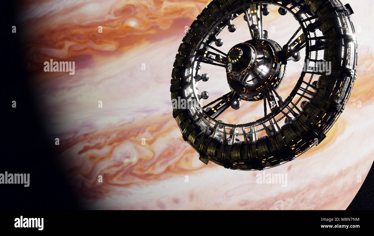 Riesige Raumstation in der Umlaufbahn des Planeten Jupiter, Raumschiff mission (3d-science fiction Illustration, Elemente dieses Bild sind von der NASA ausgestattet) Stockfoto