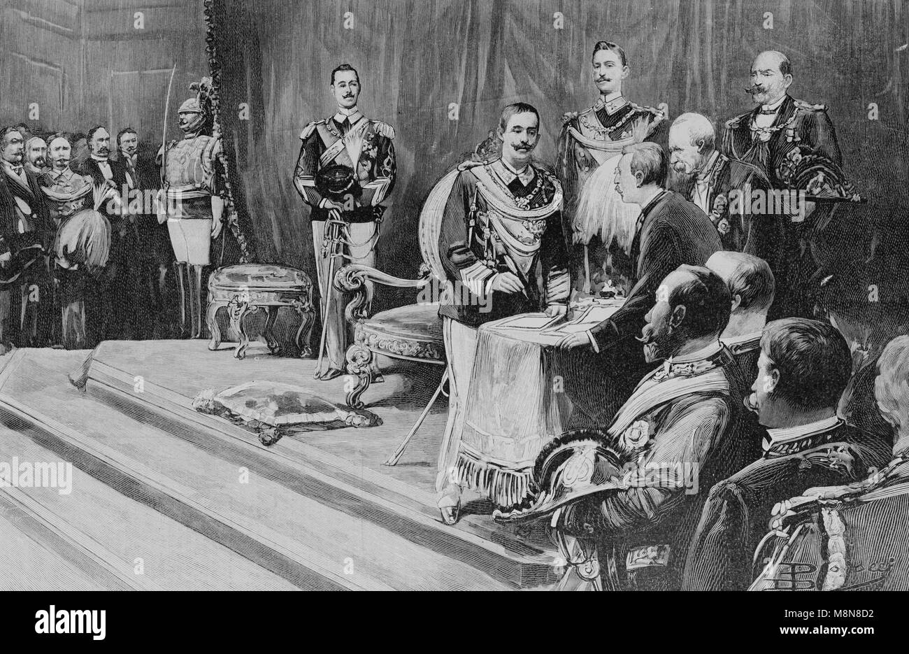 König Viktor Emanuel III. von Italien während seiner Krönung, Bild aus der Französischen Wochenzeitung l'Illustration, 4. August 1900 Stockfoto
