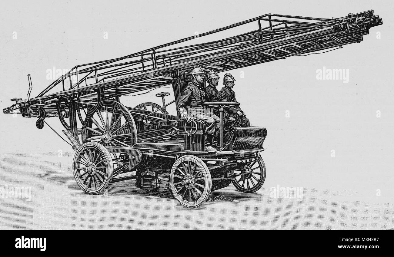 Elektrische Material der Pariser Feuerwehr, Feuerwehr Leiter, Bild aus der Französischen Wochenzeitung l'Illustration, 25. Juli 1900 Stockfoto