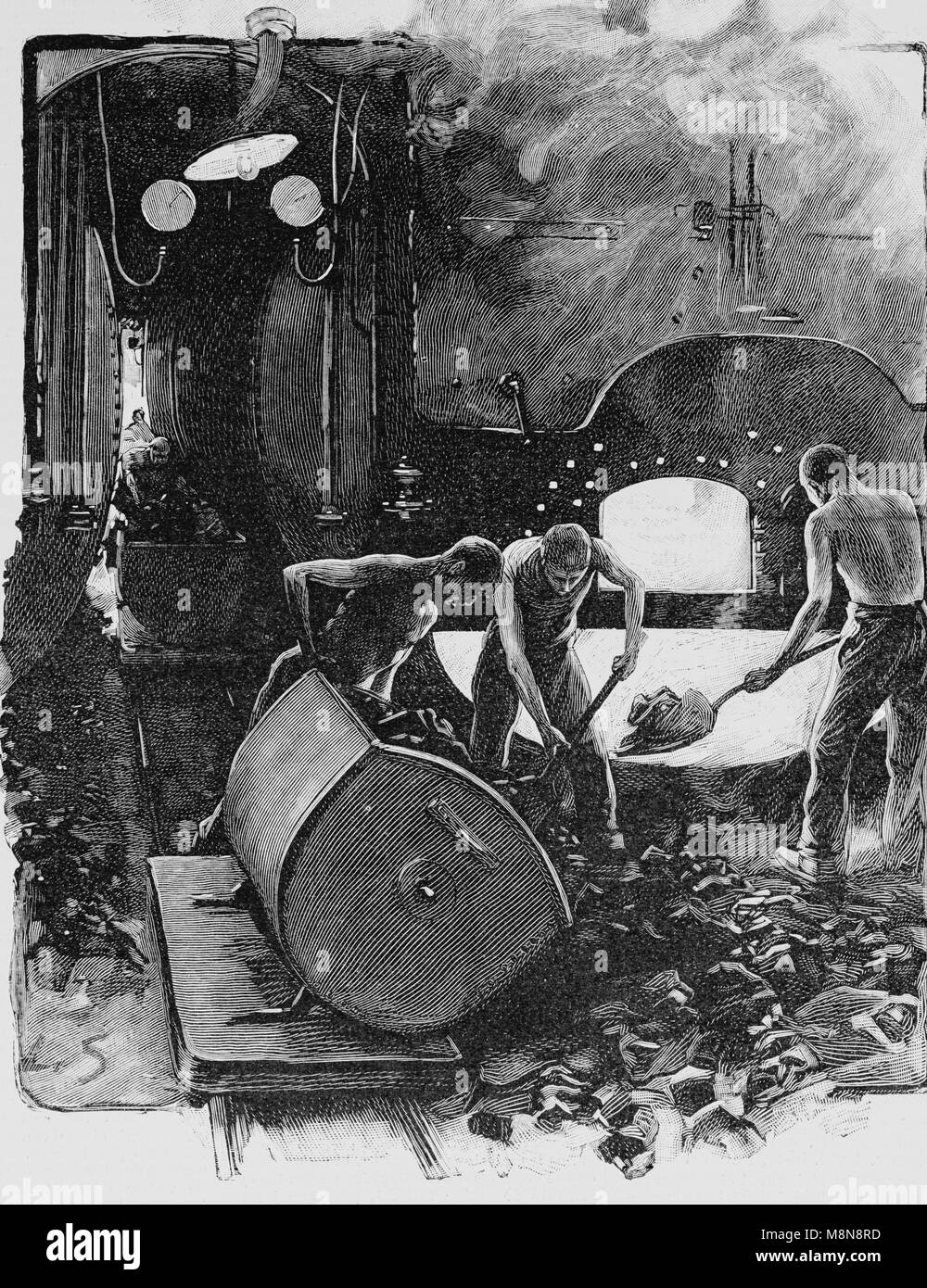 Die Menschen in den Kohlebunker auf einem Schiff arbeiten, Bild aus der Französischen Wochenzeitung l'Illustration, 25. Juli 1900 Stockfoto