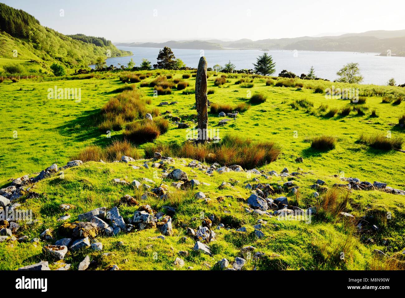 Kintraw vorgeschichtlichen Megalith stehend Stein an der Spitze des Loch Craignish in der Nähe von Kilmartin, südlich von Oban, Argyll, Schottland. Sonnenwende-Ausrichtung zum Jura Stockfoto