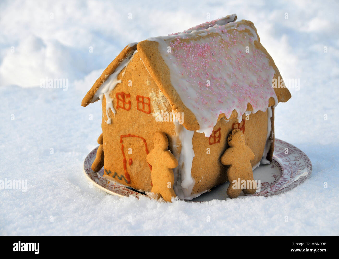 Eine selbstgemachte Lebkuchen Haus mit Ingwer Männer auf einem Teller sitzen in den Schnee. Stockfoto