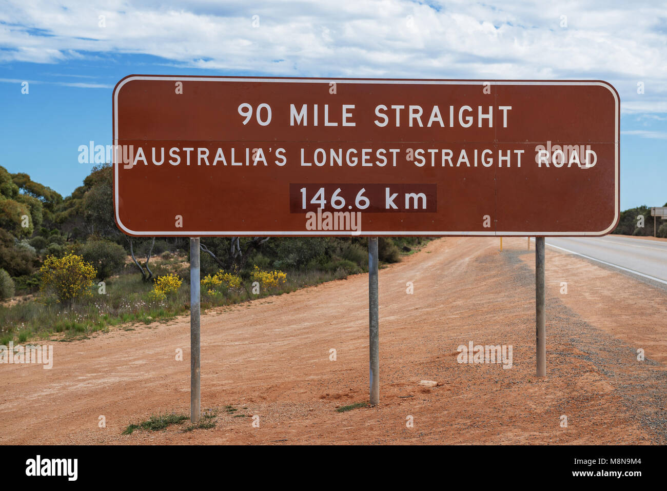 Schild an der längsten geraden Straße in Australien. Stockfoto
