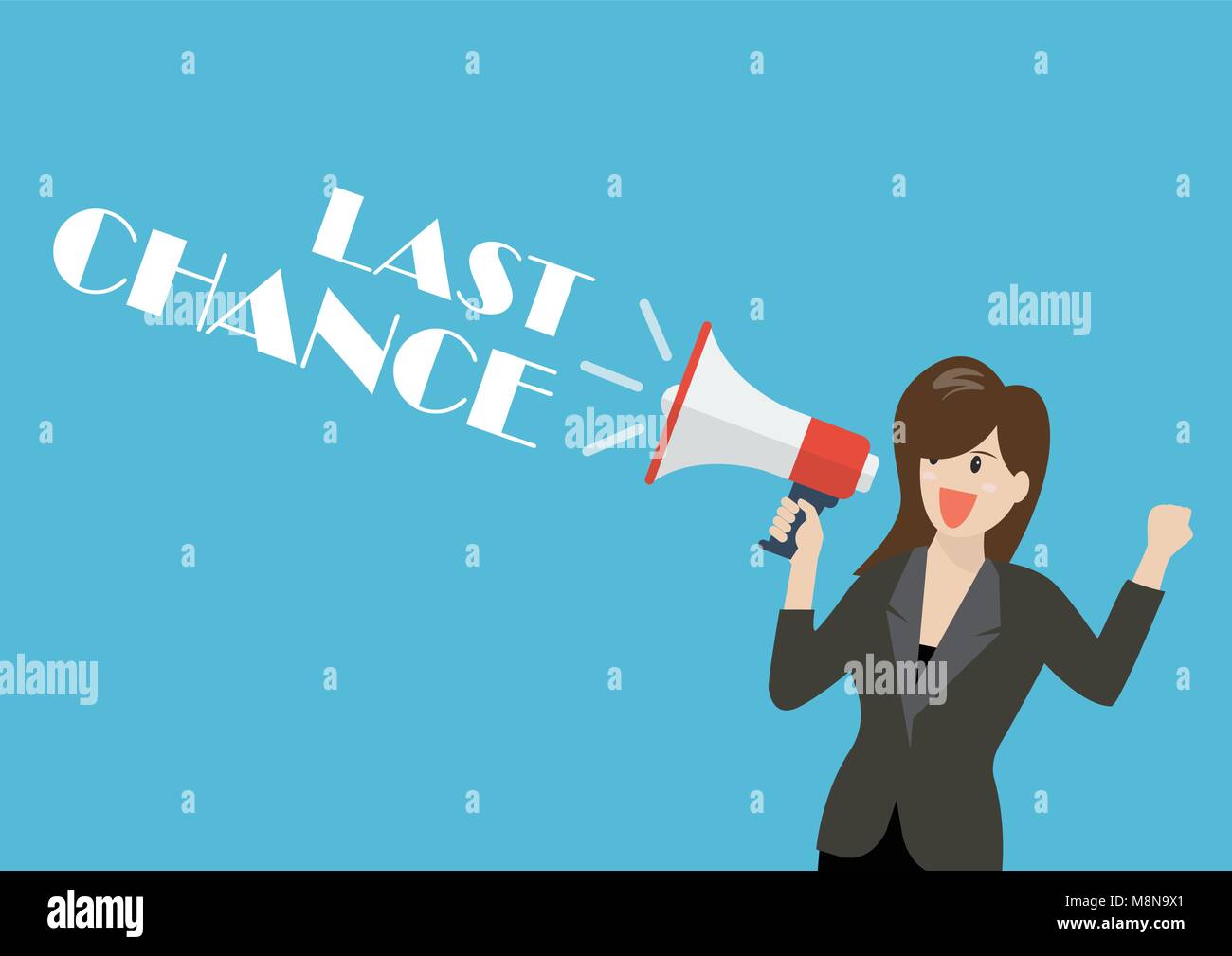 Business Frau mit einem Megafon mit Wort letzte Chance. Vector Illustration Stock Vektor