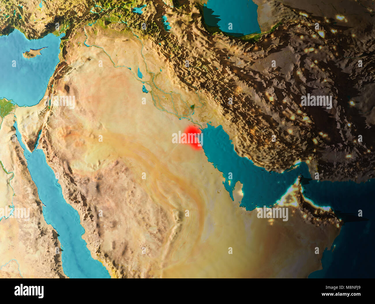 Kuwait im Morgenlicht in Rot auf dem Planeten Erde hervorgehoben. 3D-Darstellung. Elemente dieses Bild von der NASA eingerichtet. Stockfoto